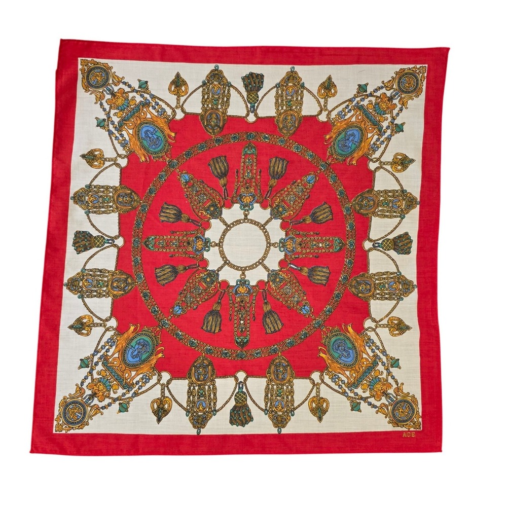 Vintage Ace Red Baroque Medallion Square Scarf Bandana Tassel Cameo Print